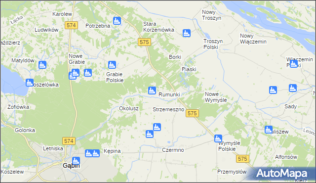 mapa Rumunki gmina Gąbin, Rumunki gmina Gąbin na mapie Targeo