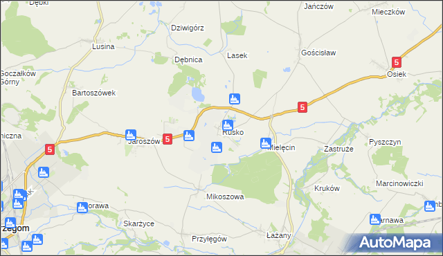 mapa Rusko gmina Strzegom, Rusko gmina Strzegom na mapie Targeo