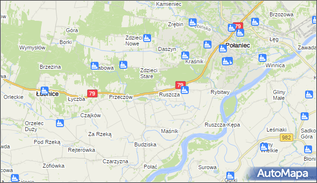 mapa Ruszcza gmina Połaniec, Ruszcza gmina Połaniec na mapie Targeo