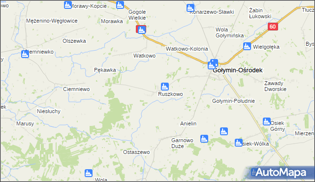 mapa Ruszkowo gmina Gołymin-Ośrodek, Ruszkowo gmina Gołymin-Ośrodek na mapie Targeo