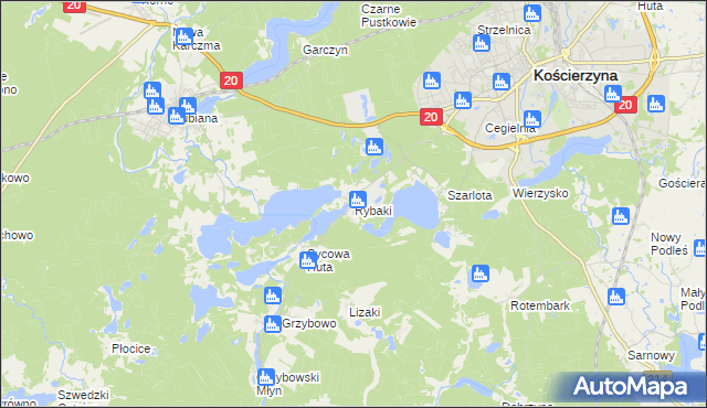 mapa Rybaki gmina Kościerzyna, Rybaki gmina Kościerzyna na mapie Targeo