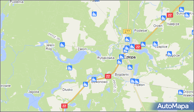 mapa Rybakówka gmina Człopa, Rybakówka gmina Człopa na mapie Targeo