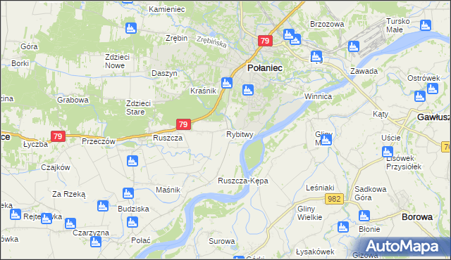 mapa Rybitwy gmina Połaniec, Rybitwy gmina Połaniec na mapie Targeo