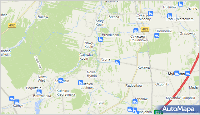 mapa Rybna gmina Mykanów, Rybna gmina Mykanów na mapie Targeo