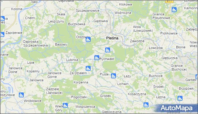 mapa Rychwałd gmina Pleśna, Rychwałd gmina Pleśna na mapie Targeo