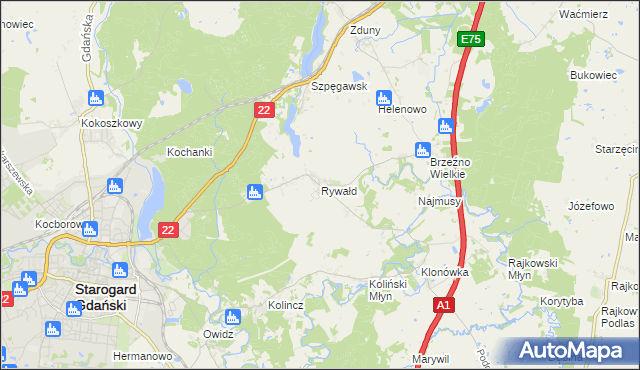 mapa Rywałd gmina Starogard Gdański, Rywałd gmina Starogard Gdański na mapie Targeo