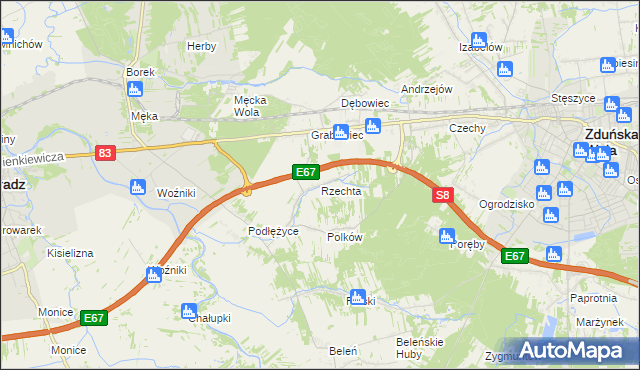 mapa Rzechta gmina Sieradz, Rzechta gmina Sieradz na mapie Targeo