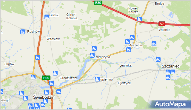 mapa Rzeczyca gmina Świebodzin, Rzeczyca gmina Świebodzin na mapie Targeo