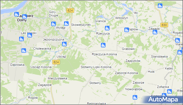 mapa Rzeczyca-Kolonia gmina Kazimierz Dolny, Rzeczyca-Kolonia gmina Kazimierz Dolny na mapie Targeo