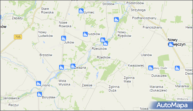 mapa Rzędków gmina Nowy Kawęczyn, Rzędków gmina Nowy Kawęczyn na mapie Targeo