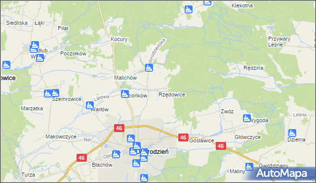 mapa Rzędowice gmina Dobrodzień, Rzędowice gmina Dobrodzień na mapie Targeo