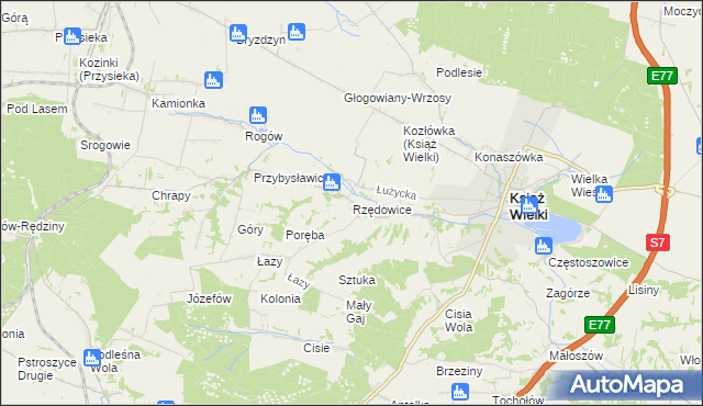 mapa Rzędowice gmina Książ Wielki, Rzędowice gmina Książ Wielki na mapie Targeo