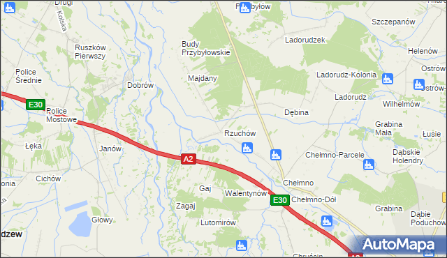 mapa Rzuchów gmina Dąbie, Rzuchów gmina Dąbie na mapie Targeo