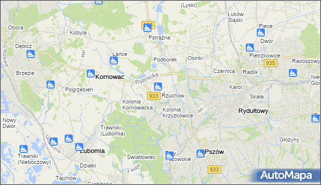 mapa Rzuchów gmina Kornowac, Rzuchów gmina Kornowac na mapie Targeo