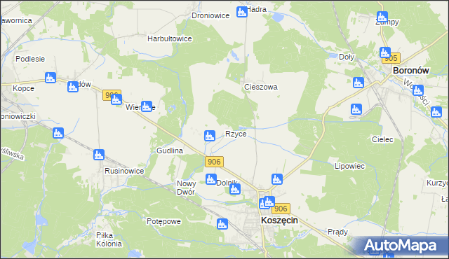 mapa Rzyce, Rzyce na mapie Targeo