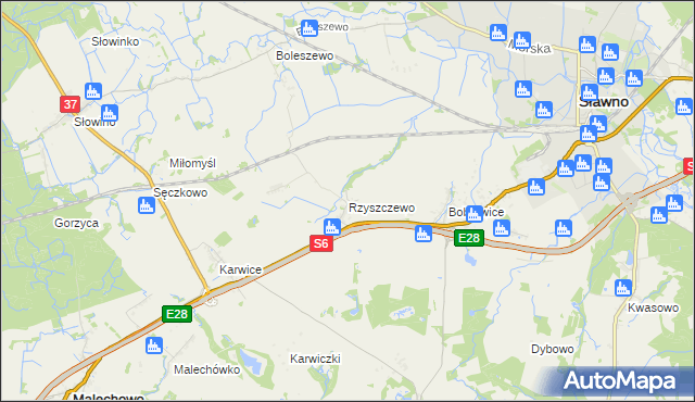 mapa Rzyszczewo gmina Sławno, Rzyszczewo gmina Sławno na mapie Targeo