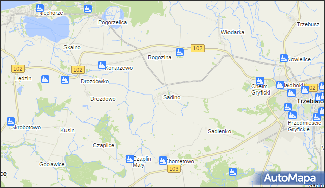 mapa Sadlno gmina Trzebiatów, Sadlno gmina Trzebiatów na mapie Targeo
