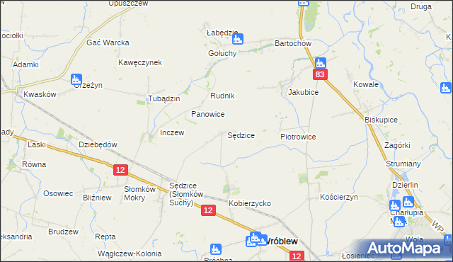 mapa Sędzice gmina Wróblew, Sędzice gmina Wróblew na mapie Targeo