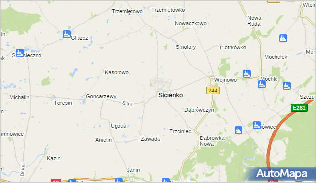 mapa Sicienko powiat bydgoski, Sicienko powiat bydgoski na mapie Targeo