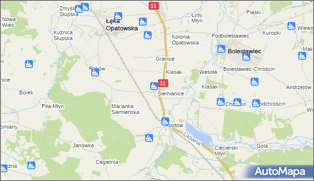 mapa Siemianice gmina Łęka Opatowska, Siemianice gmina Łęka Opatowska na mapie Targeo