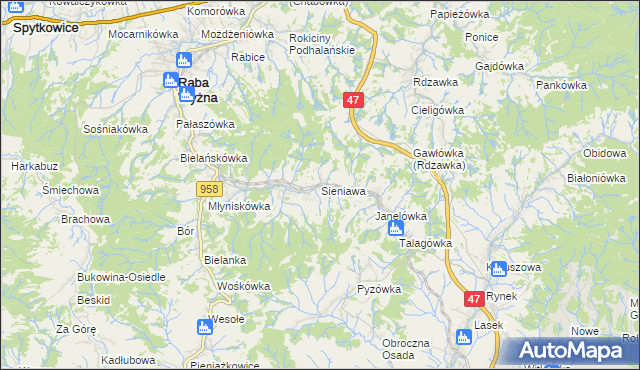 mapa Sieniawa gmina Raba Wyżna, Sieniawa gmina Raba Wyżna na mapie Targeo