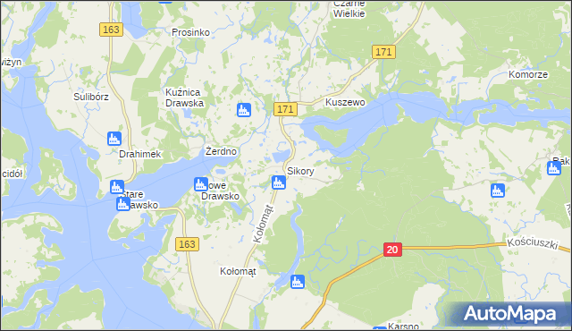 mapa Sikory gmina Czaplinek, Sikory gmina Czaplinek na mapie Targeo