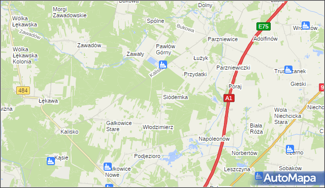 mapa Siódemka gmina Kamieńsk, Siódemka gmina Kamieńsk na mapie Targeo