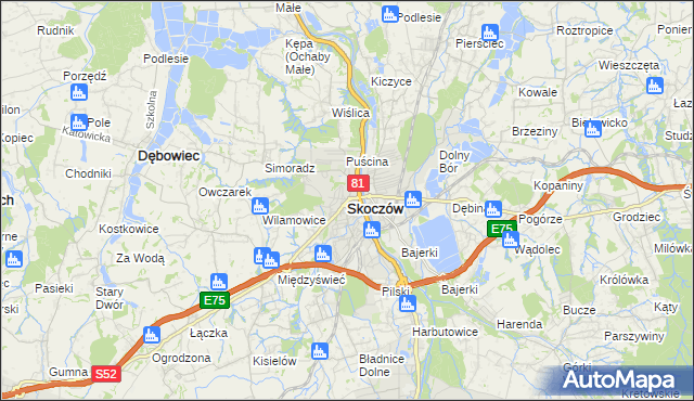 mapa Skoczów powiat cieszyński, Skoczów powiat cieszyński na mapie Targeo