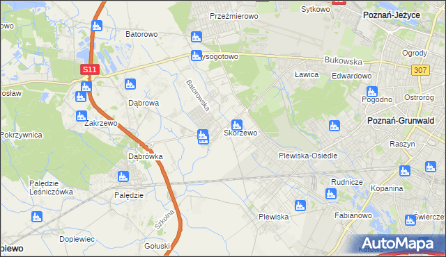 mapa Skórzewo gmina Dopiewo, Skórzewo gmina Dopiewo na mapie Targeo