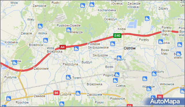 mapa Skrzyszów gmina Ostrów, Skrzyszów gmina Ostrów na mapie Targeo