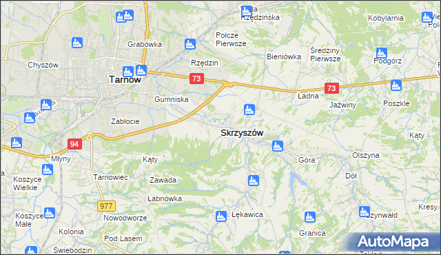 mapa Skrzyszów powiat tarnowski, Skrzyszów powiat tarnowski na mapie Targeo