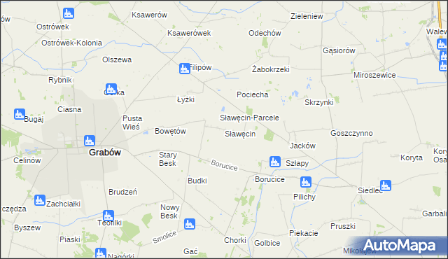 mapa Sławęcin gmina Grabów, Sławęcin gmina Grabów na mapie Targeo