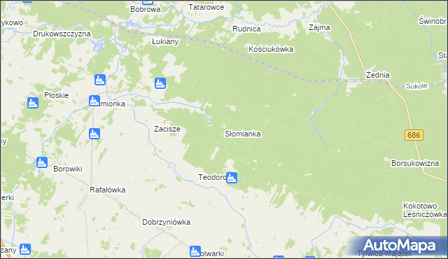 mapa Słomianka gmina Zabłudów, Słomianka gmina Zabłudów na mapie Targeo