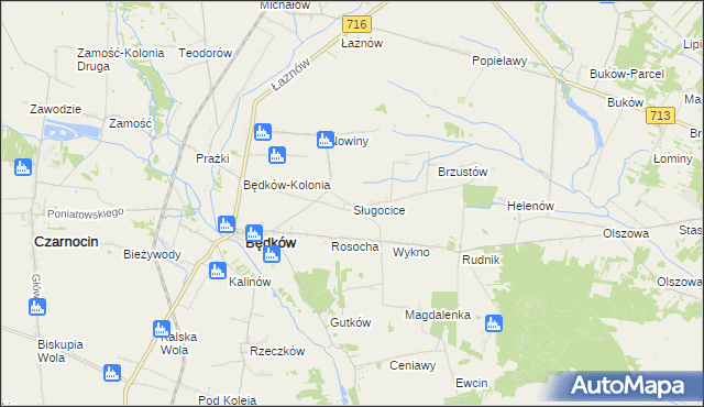 mapa Sługocice gmina Będków, Sługocice gmina Będków na mapie Targeo