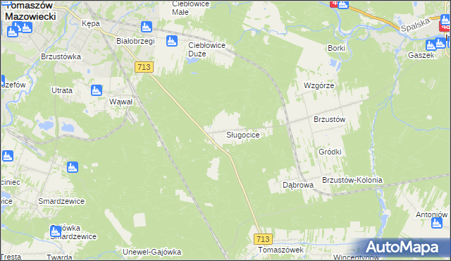 mapa Sługocice gmina Tomaszów Mazowiecki, Sługocice gmina Tomaszów Mazowiecki na mapie Targeo