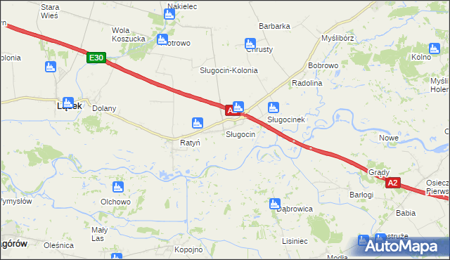 mapa Sługocin gmina Lądek, Sługocin gmina Lądek na mapie Targeo