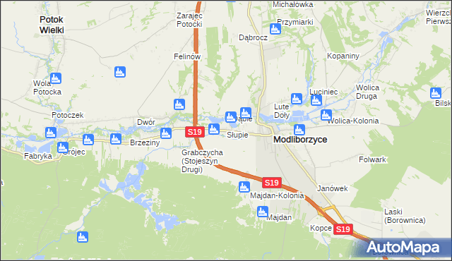 mapa Słupie gmina Modliborzyce, Słupie gmina Modliborzyce na mapie Targeo