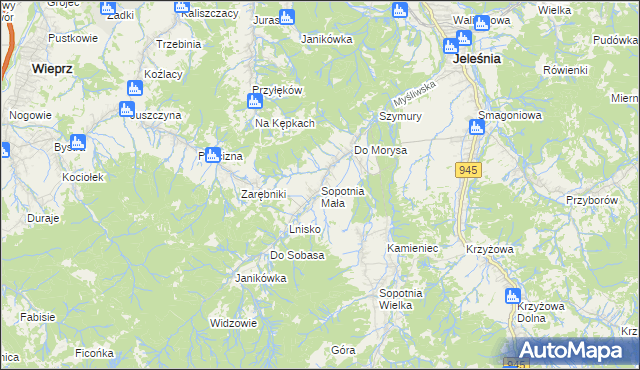 mapa Sopotnia Mała, Sopotnia Mała na mapie Targeo