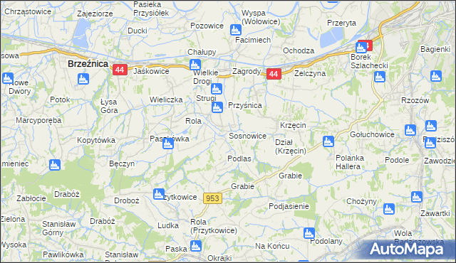 mapa Sosnowice gmina Brzeźnica, Sosnowice gmina Brzeźnica na mapie Targeo