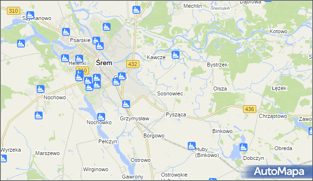 mapa Sosnowiec gmina Śrem, Sosnowiec gmina Śrem na mapie Targeo