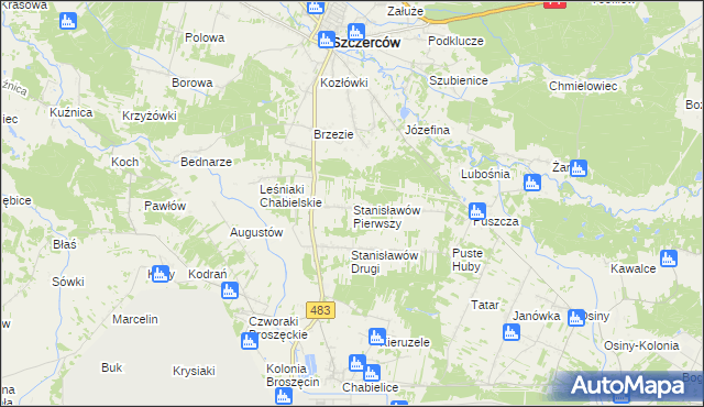 mapa Stanisławów Pierwszy gmina Szczerców, Stanisławów Pierwszy gmina Szczerców na mapie Targeo