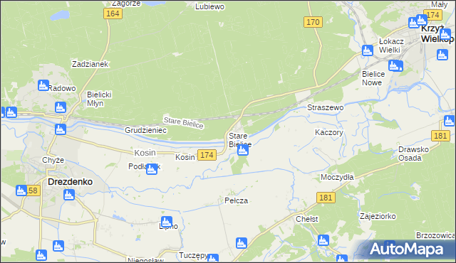 mapa Stare Bielice gmina Drezdenko, Stare Bielice gmina Drezdenko na mapie Targeo