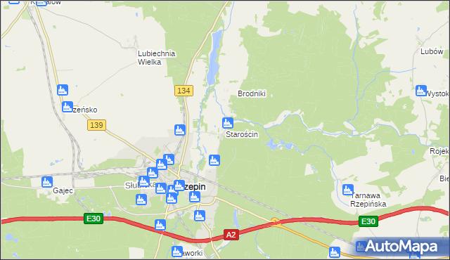 mapa Starościn gmina Rzepin, Starościn gmina Rzepin na mapie Targeo