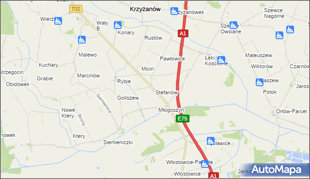 mapa Stefanów gmina Krzyżanów, Stefanów gmina Krzyżanów na mapie Targeo