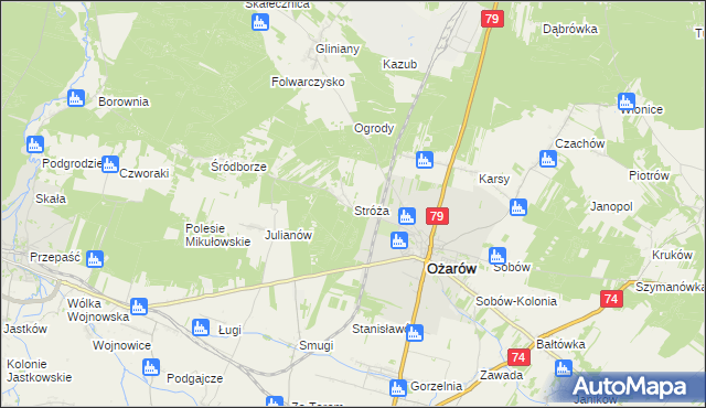 mapa Stróża gmina Ożarów, Stróża gmina Ożarów na mapie Targeo