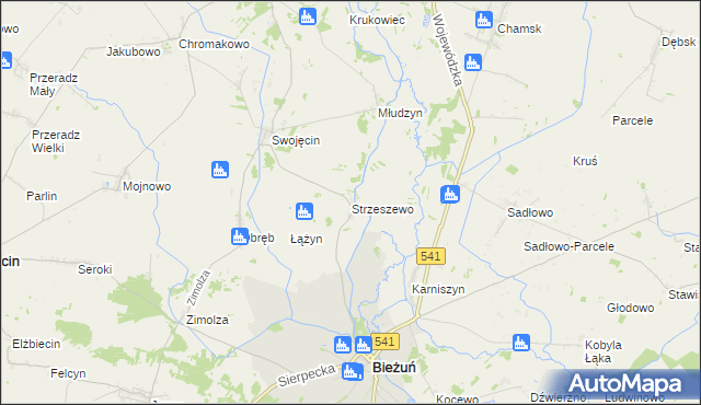 mapa Strzeszewo gmina Bieżuń, Strzeszewo gmina Bieżuń na mapie Targeo