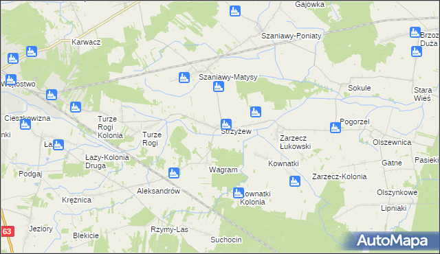 mapa Strzyżew gmina Łuków, Strzyżew gmina Łuków na mapie Targeo