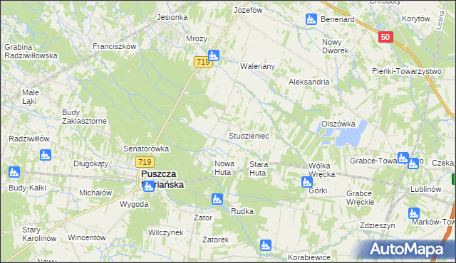 mapa Studzieniec gmina Puszcza Mariańska, Studzieniec gmina Puszcza Mariańska na mapie Targeo