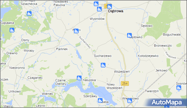 mapa Sucharzewo gmina Dąbrowa, Sucharzewo gmina Dąbrowa na mapie Targeo