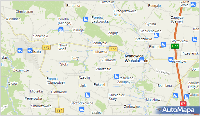mapa Sułkowice gmina Iwanowice, Sułkowice gmina Iwanowice na mapie Targeo